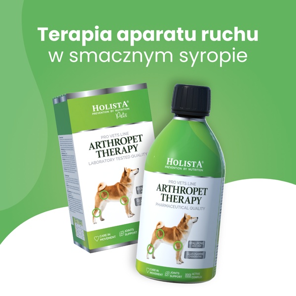 A square-format ad for a dog joint supplement, featuring clear product branding, a simplified anatomical diagram of a dog, and a benefit-focused headline.